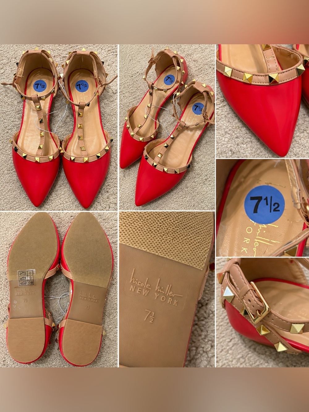 Nicole Miller Red Pointed T-Strap Flats with Tan Stud Trim